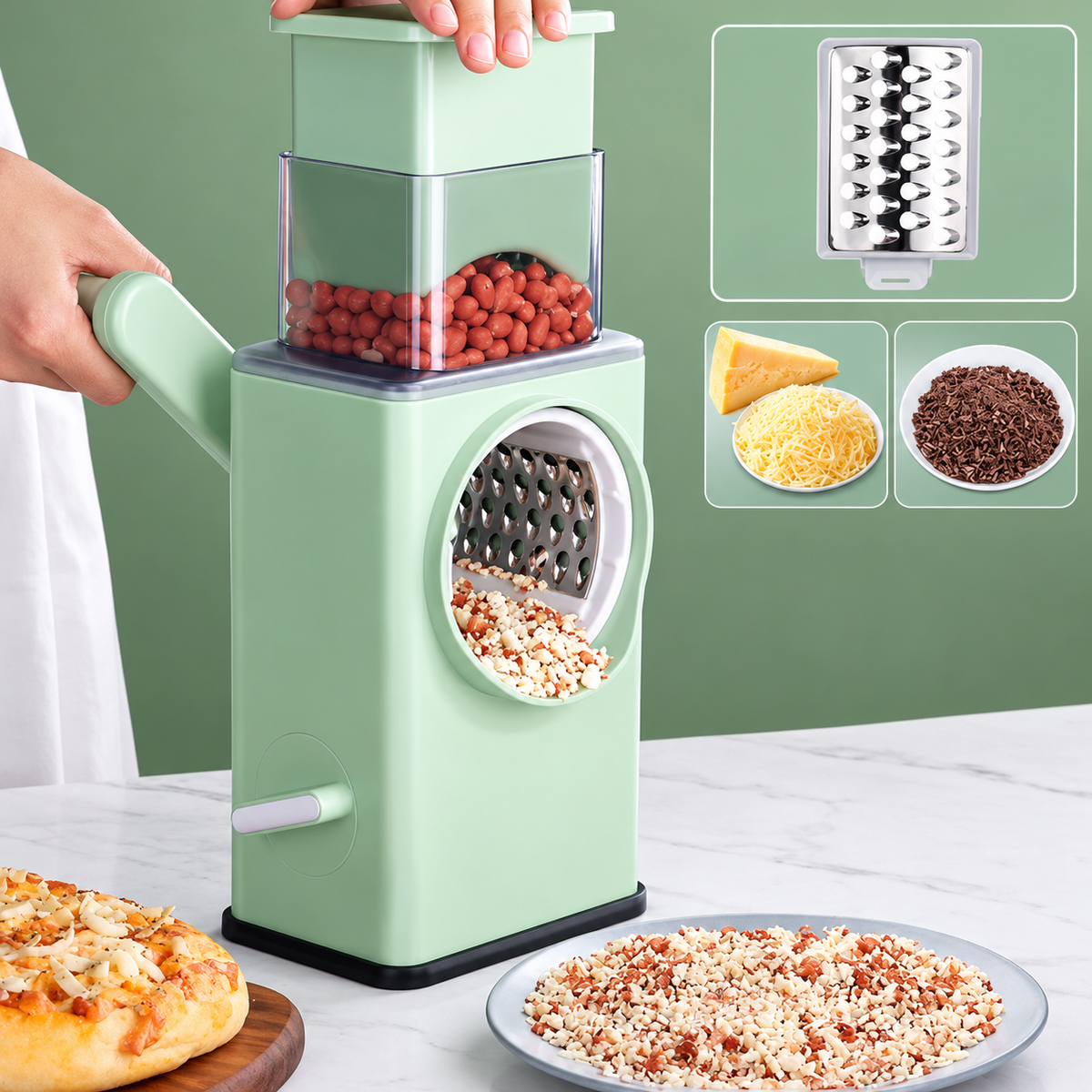 Stainless Steel Rotary Vegetable Cutter – 3-in-1 Manual Slicer & Shredder